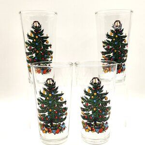 Vintage CHRISTMAS TREE Drinking Glasses Set of 4 EXCELLENT KIG Cocktail Tumblers